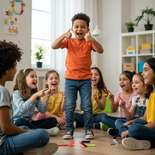 Happy kids playing fun charades game together