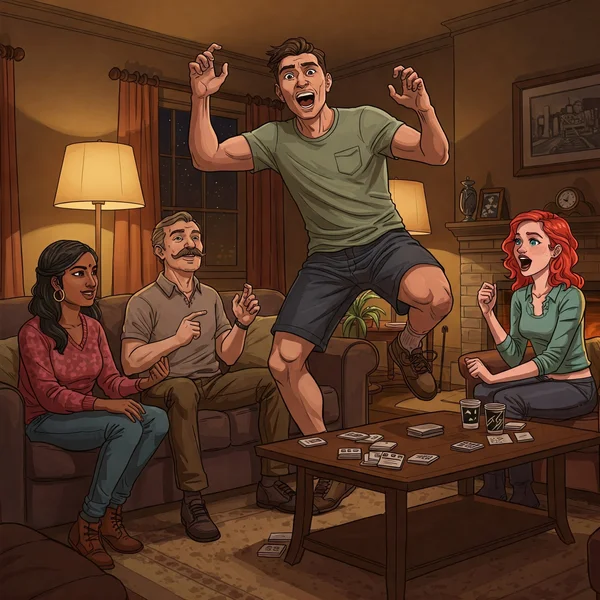 Group of friends laughing playing movie charades game
