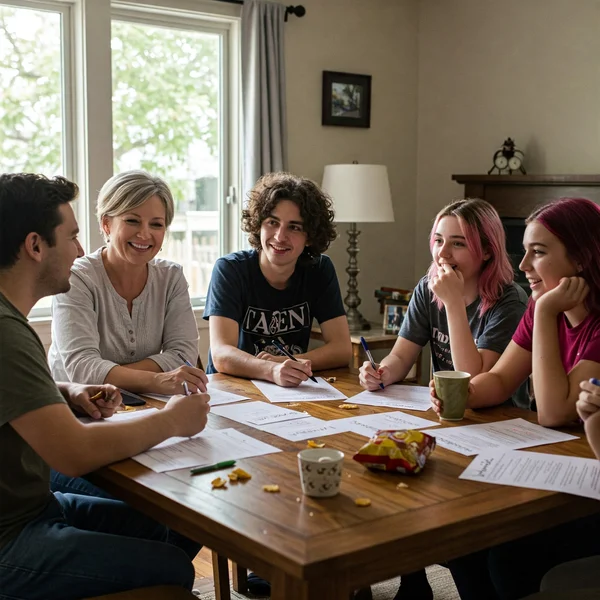 Group brainstorming DIY charades game ideas happily