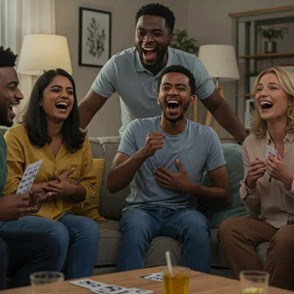 Group laughing hysterically playing funny charades game