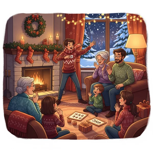 Family laughing playing Christmas charades festive game