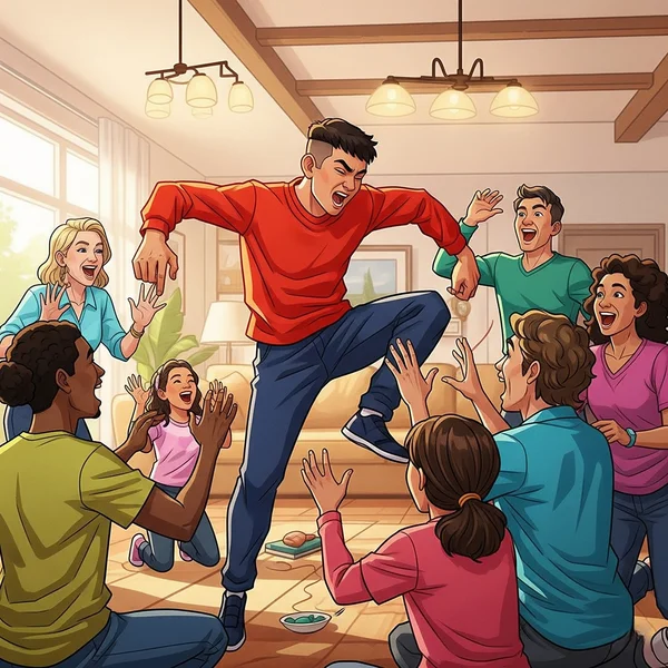 People energetically playing action charades game indoors