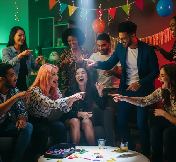 Group of friends laughing while playing charades at a party.