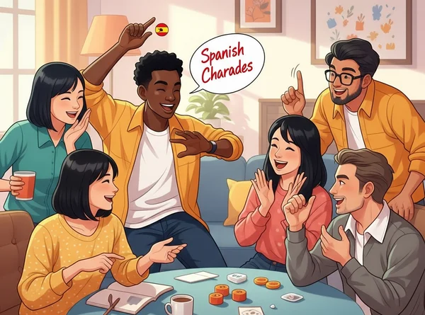 Group of friends playing a fun Spanish charades game