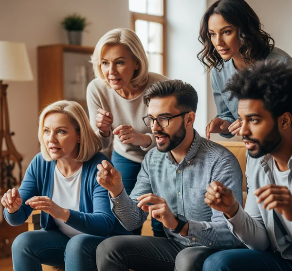 Joueurs en pleine action dans une partie de charades compétitive