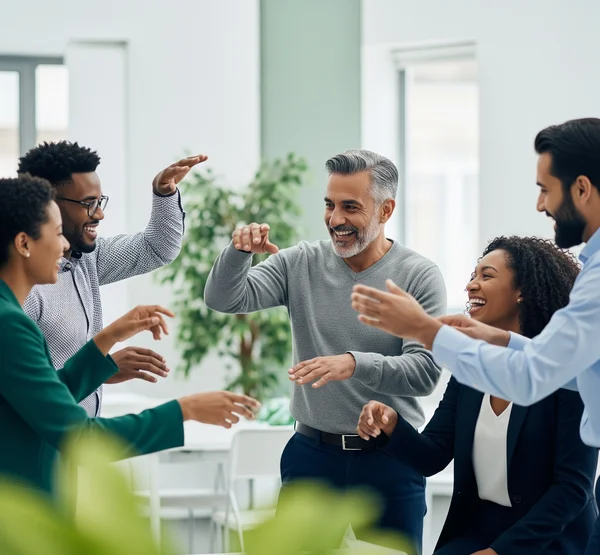Des collègues riant et gesticulant pendant une partie de charades.