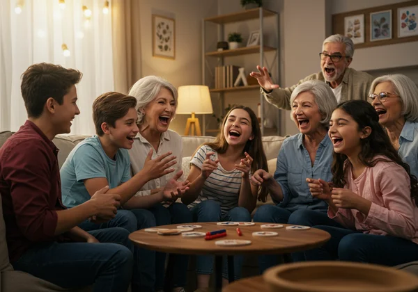 A family laughing while playing charades at home.