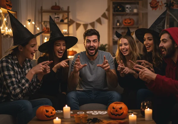 Amigos riendo jugando a las charadas de Halloween en una fiesta