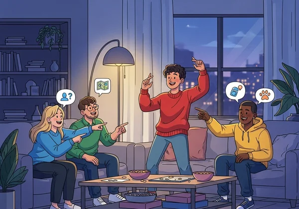Grupo diverso de amigos jugando alegremente a las charadas con categorías claras