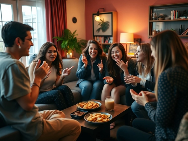 Friends and family playing charades, sharing laughter and interaction