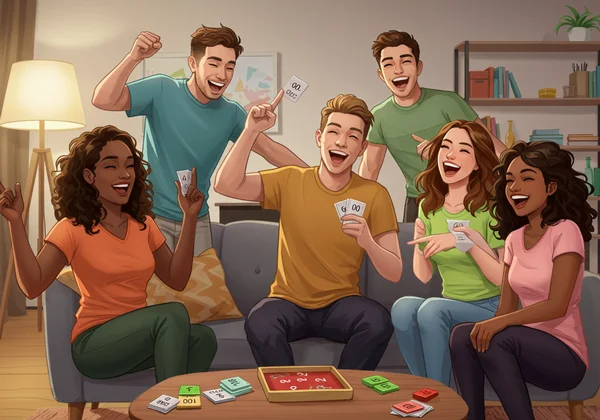 Friends playing charades, laughing, and having fun together