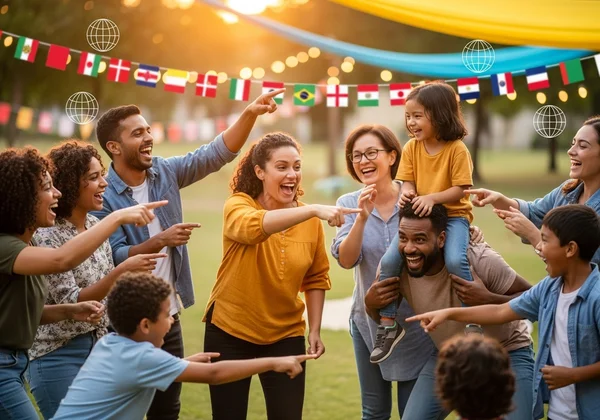 Một nhóm người đa dạng đang chơi đố chữ, tượng trưng cho niềm vui toàn cầu