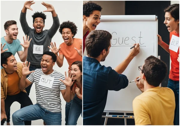 People playing charades and pictionary side-by-side