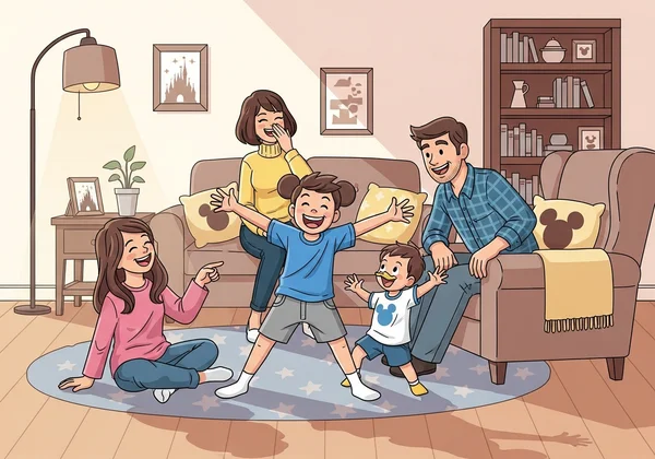 Familia divirtiéndose con la noche de juegos de charadas de Disney