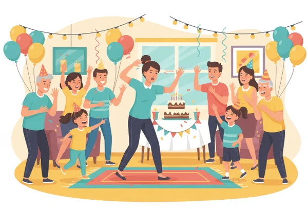 Grupo diverso jogando mímica em uma festa de aniversário