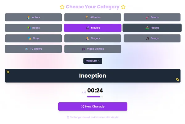 Movie charades generator interface showing categories