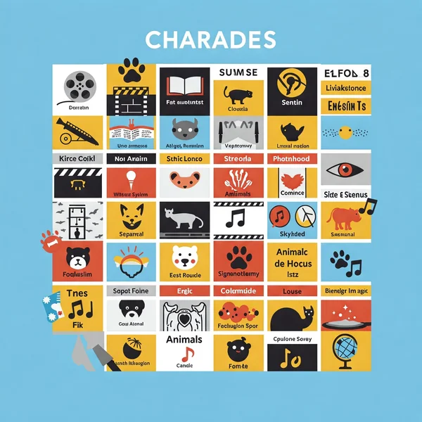 Colorful icons suggesting diverse charades game themes