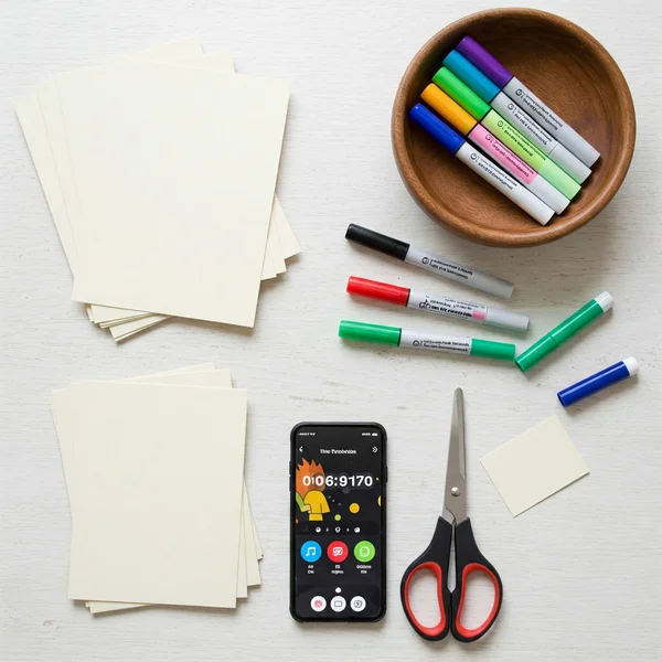 Neatly arranged DIY charades game making supplies