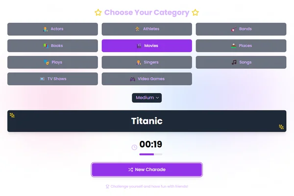 Laptop showing charades generator for game word ideas