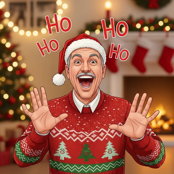 Person joyfully acting out Christmas charades clue