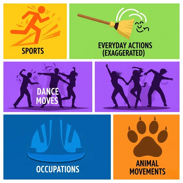 Icon collage of various action charades categories