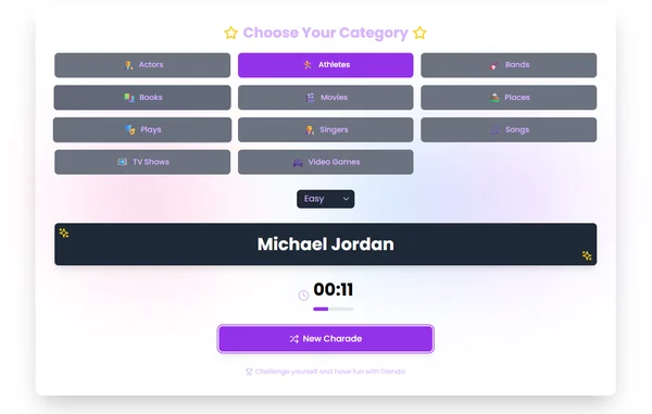 Charades generator on screen for action word ideas