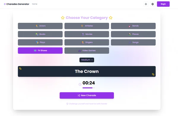 Interface of a charades generator showing different categories.