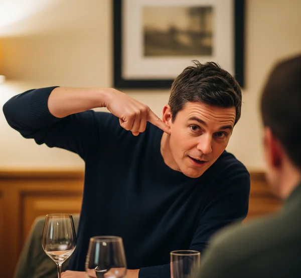 Classic charades gestures: person pointing to ear for "sounds like".