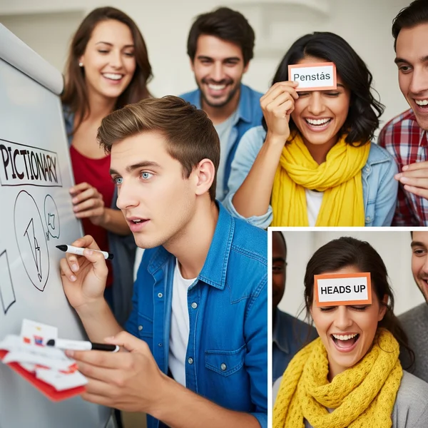 Friends playing different bilingual games with word cards