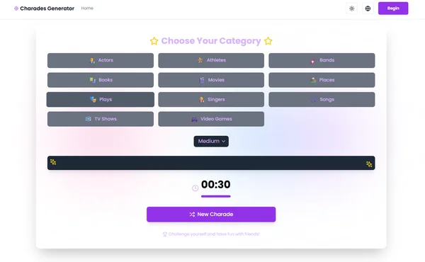 Interface showing charades generator Spanish language option