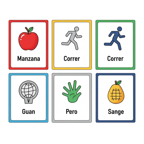 Example cards showing Spanish charades ideas for learning