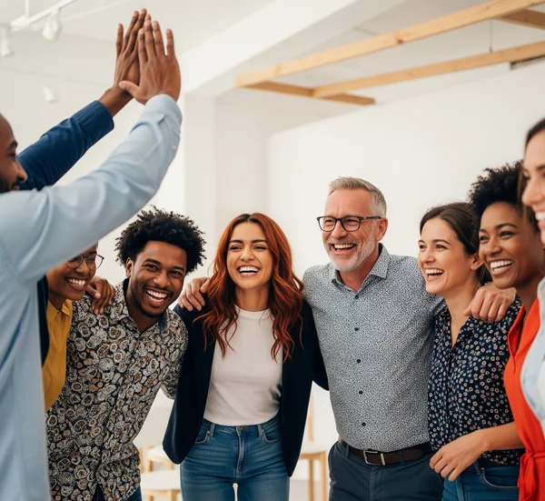 Une équipe diversifiée célébrant après une activité de team building réussie.