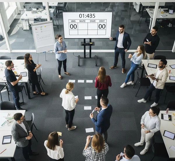 Des personnes organisant une partie de charades d'entreprise dans un bureau.