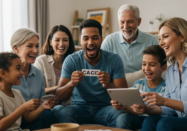 Family of all ages playing accessible visual charades