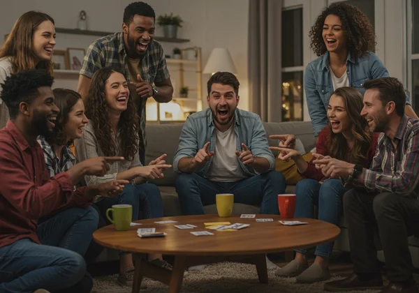 Amigos a rir durante um animado jogo de mímica temático.