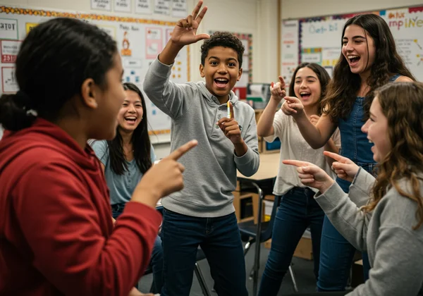 Students playing charades actively in a vibrant classroom.