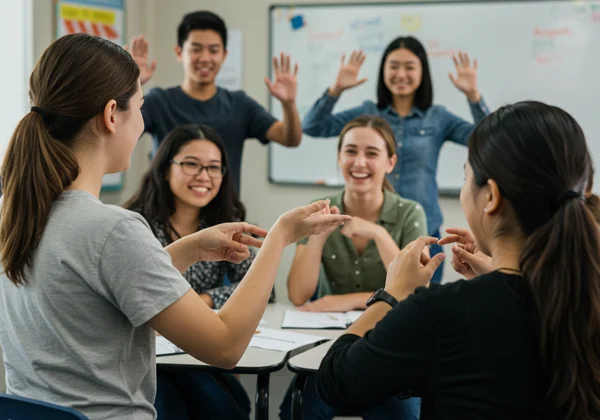 Diverse ESL students playing charades for language learning.