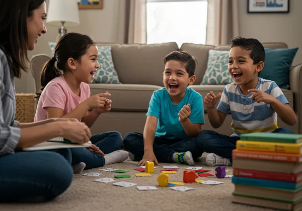 Parent and child play educational charades at home.