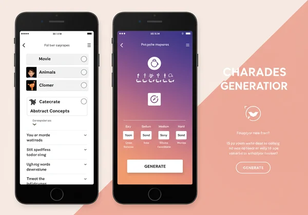 Charades generator interface with word options and categories