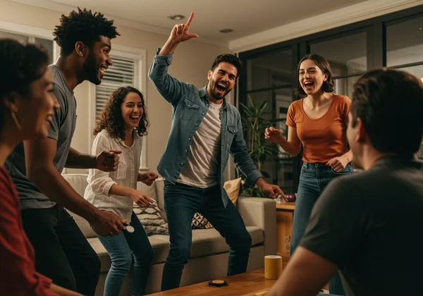 Adults playing charades, laughing, and gesturing