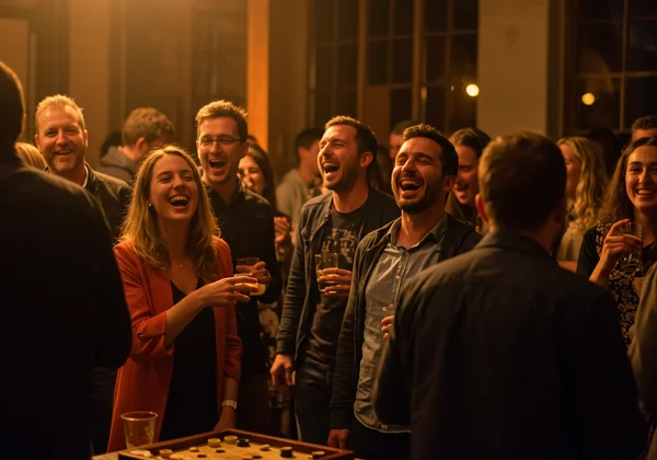 Adults socializing and laughing at a lively party