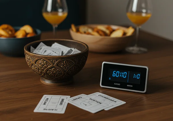 Charades game setup with prompt slips and timer