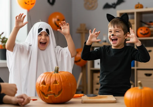 Niños actuando "calabaza" para charadas de Halloween