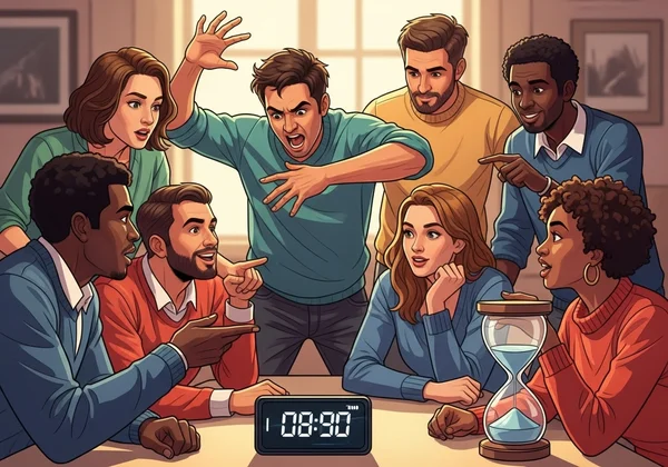 Amigos jugando a las charadas, uno sosteniendo un temporizador