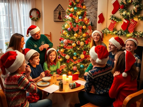 Szene von weihnachtlich-thematisierten Scharade, zeigt festlichen Spaß während Weihnachten